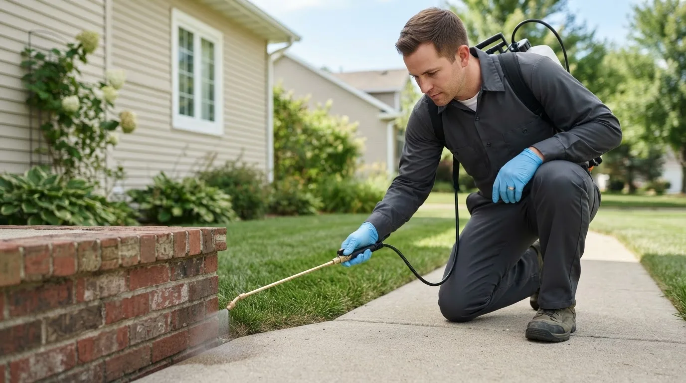 Pest control technician treating a home near Edinboro, PA