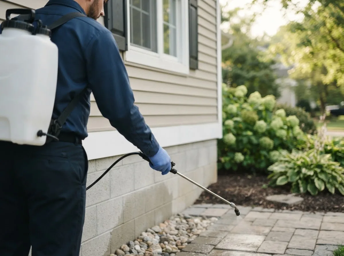 Pest control technician inspecting a home in Edinboro, PA